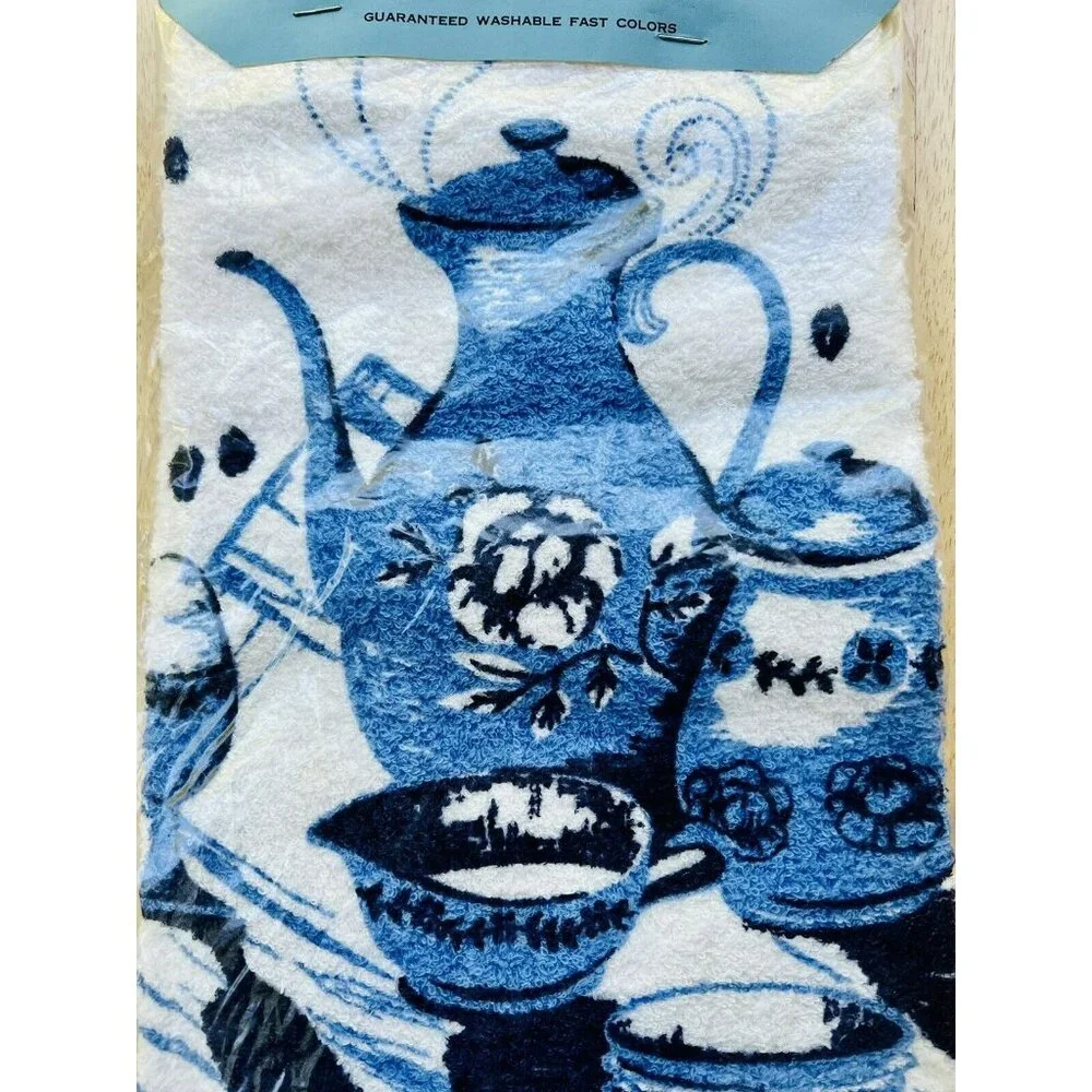 Vintage Hand Printed Kitchen Towel Bestex Blue White Teapot Breakfast USA Made